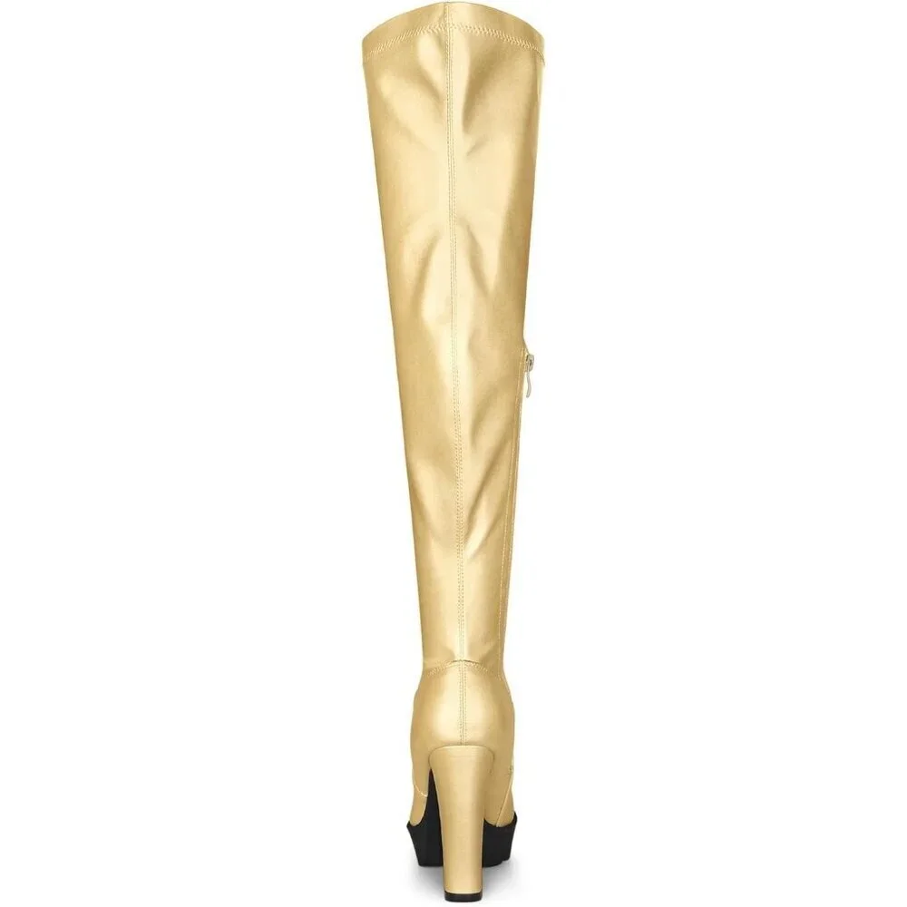 Women's Gold Platform Boots Chunky Heel Over Knee High Rounded Toe Long Boots